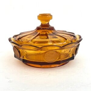 Vintage Fostoria Amber Glass Coin Candy Dish Liberty Bell Eagle Lidded Bowl 6in
